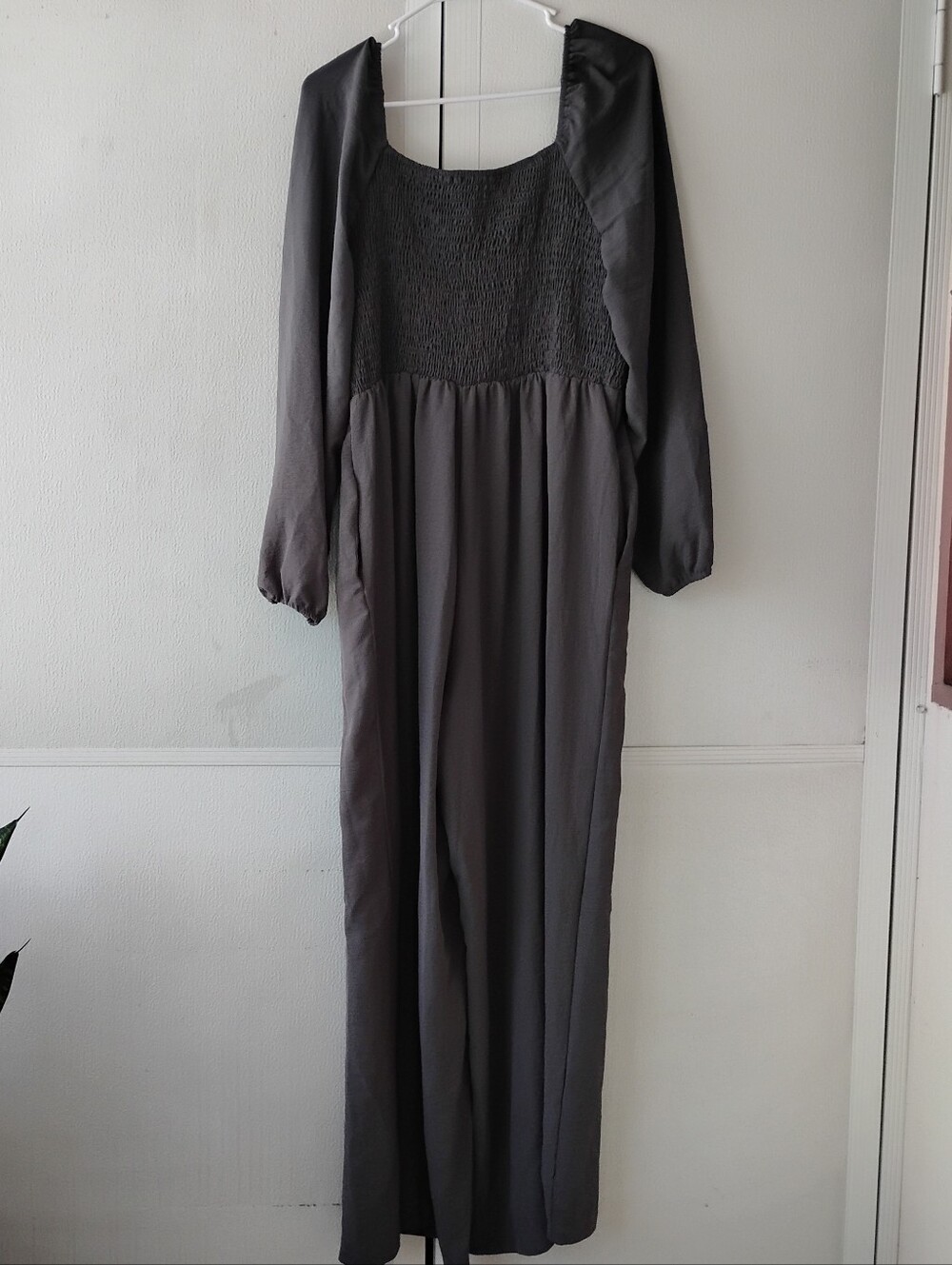 Smocked Long Sleeve Maxi Dress in Charcoal Gray